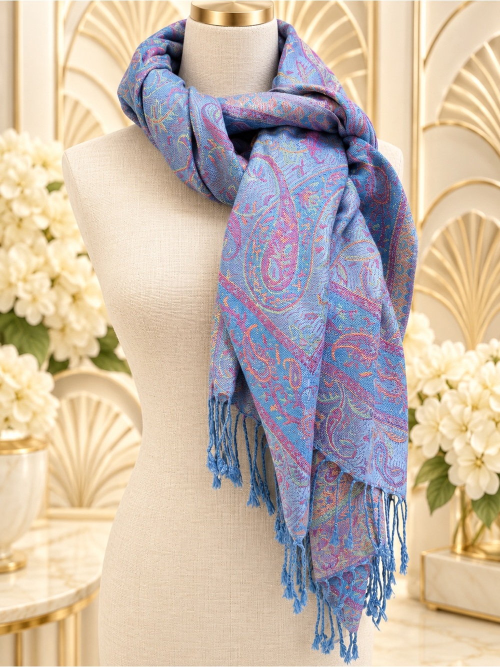 🆕🔥Luxurious Lite Blue Paisley Pashmina Women's Scarf - Lightweight Fringe Wrap